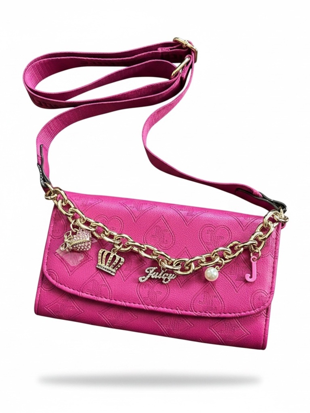 Juicy Couture Top Notch Wallet Crossbody Bag with Charm Chain- Raspberry Tart.